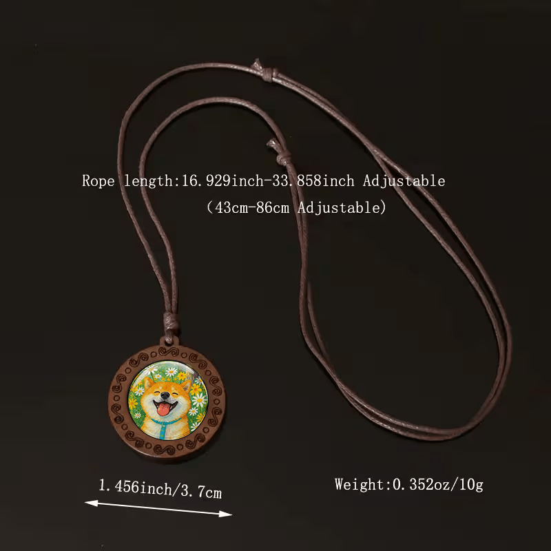 Shiba Inu Necklace with Wood Beads, Adjustable Cord